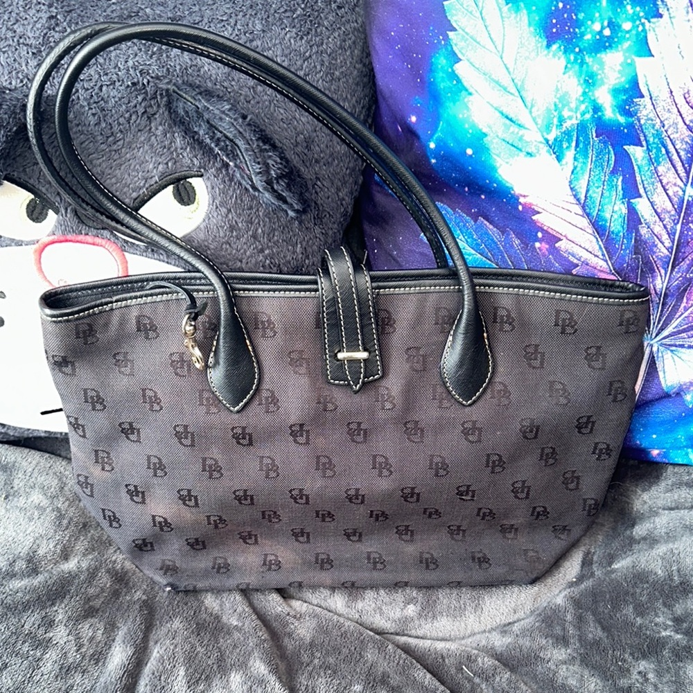Dooney & Bourke black canvas Monogram Tote Bag with leather details